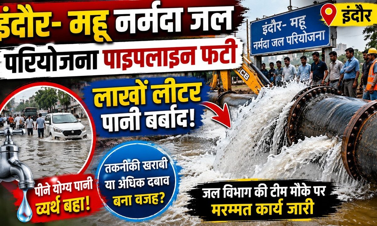 इंदौर–महू नर्मदा जल परियोजना पाइपलाइन फटी, लाखों लीटर पानी बर्बाद